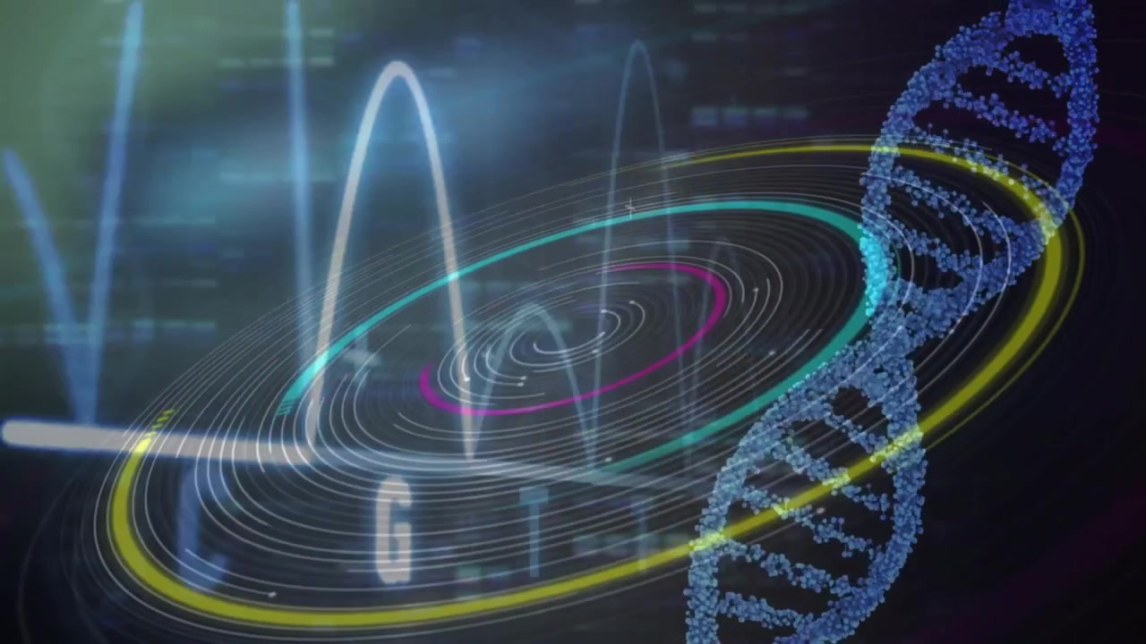 Futuristic DNA helix spiraling upward on dark interface featuring colorful data rings and waveforms