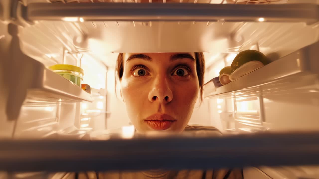 Woman looking inside a refrigerator at night