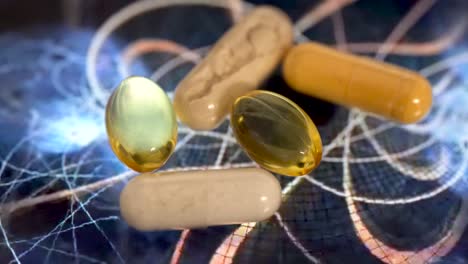 close up shot variety of medical pills and tablets on a graphic animated background