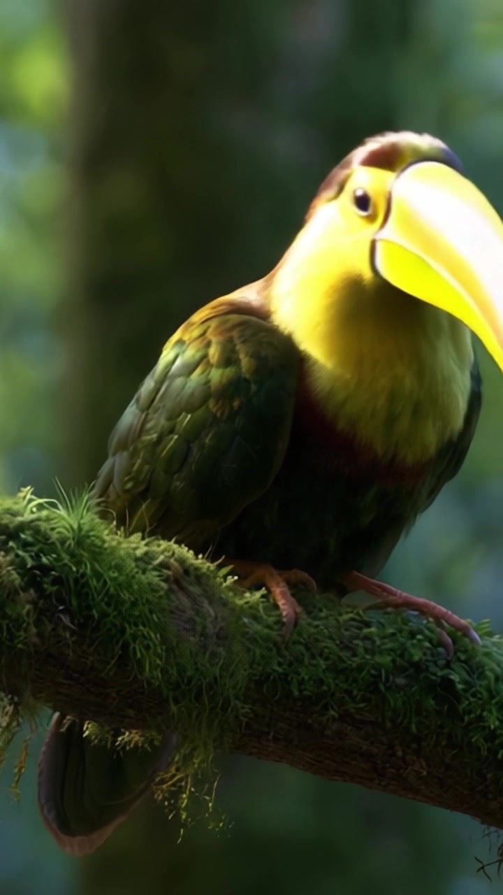 Uno sguardo accattivante a un colorato uccello tropicale appollaiato su un ramo coperto di muschio, che mostra il suo piumaggio vivace e la bellezza naturale del suo habitat.