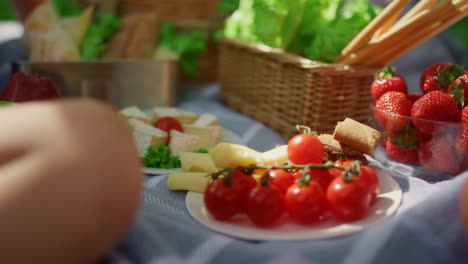 Unbekannte-Hände-Nehmen-Snacks-Aus-Der-Picknickdecke,-Nahaufnahme.-Leckeres-Frühstück-In-Der-Natur