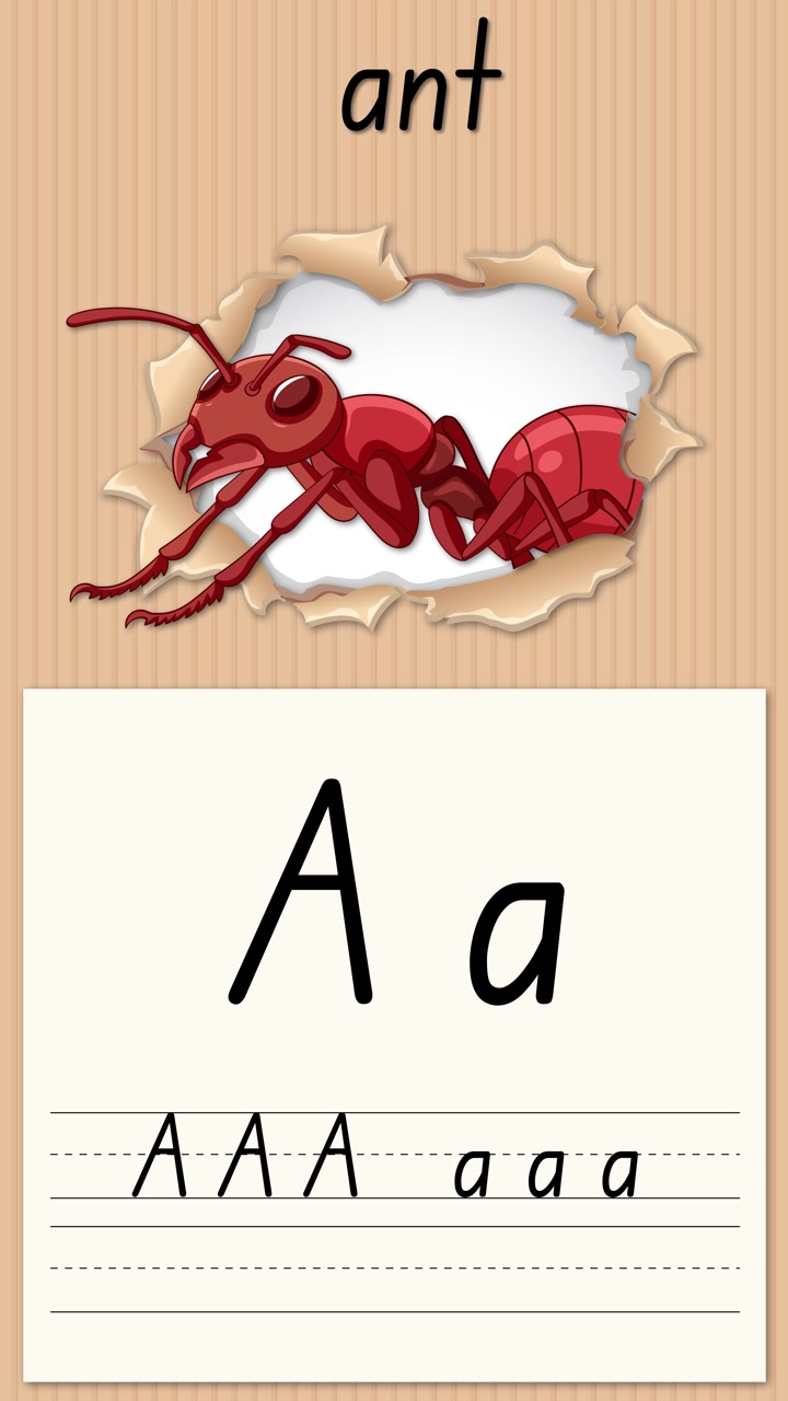Video educativo animato che insegna la lettera A usando un'illustrazione di una formica rossa e linee per la pratica della scrittura a mano