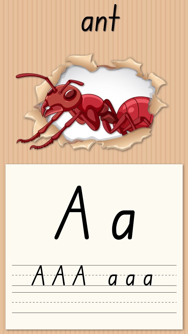 Animated educational video teaches letter A using a red ant illustration and handwriting practice lines