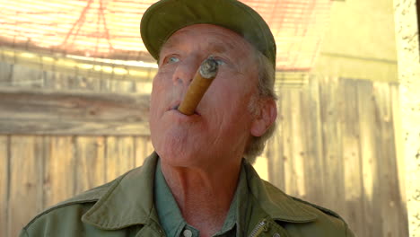 low angle portrait of a prideful mature male, smoking a cigar and looking around