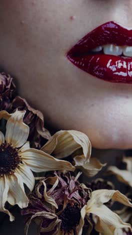 close-up of glossy red lips showing white teeth with dried flowers framing the chin, creating a contrast between vibrant color and faded beauty