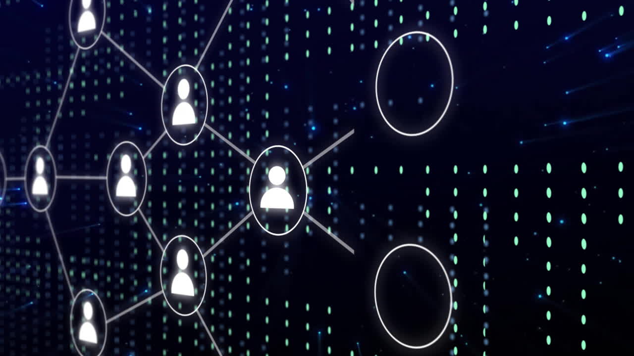 Animation of digital icons and data processing over dark background