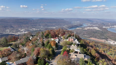 Aerial-footage-flying-towards-and-then-rotating-around-a-statue-that-is-at-Point-Park-with-Chattanooga-in-the-background