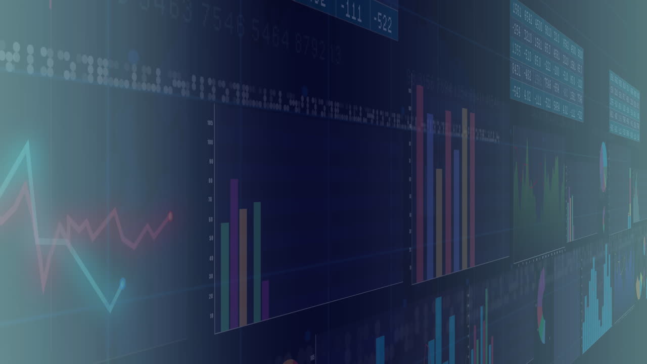 Animation of multiple graphs with numbers and loading circles against abstract background