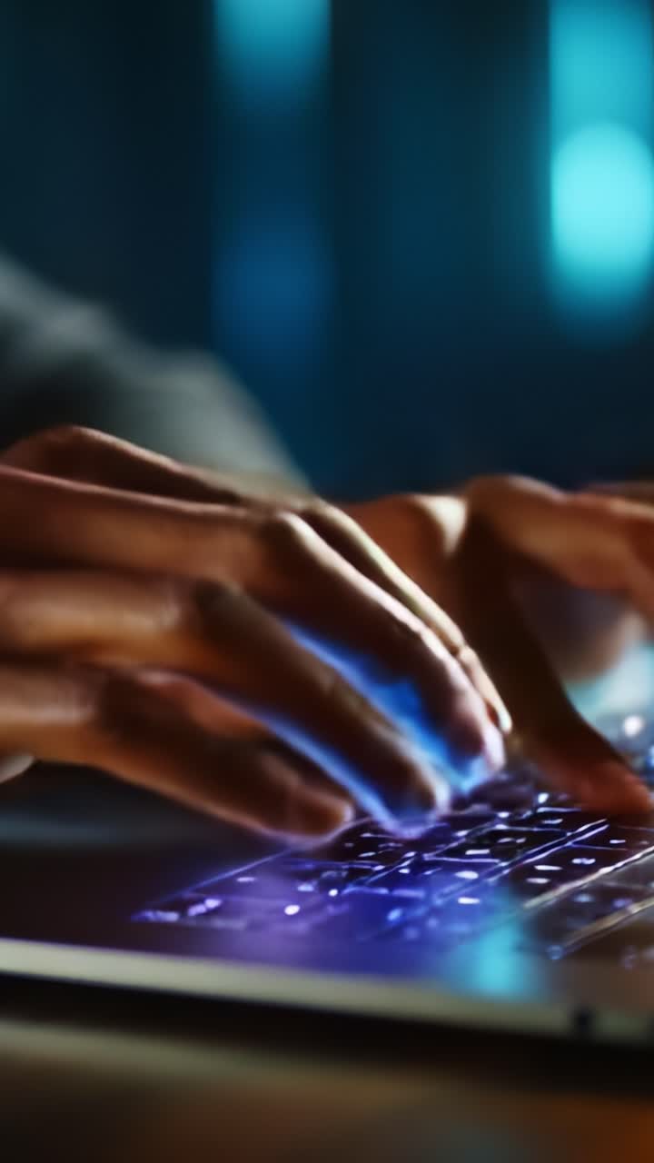 Close-up Shots of Hands Typing on a Backlit Keyboard in a Dimly Lit Room, Demonstrating Focus and Engagement with Technology and Digital Communication