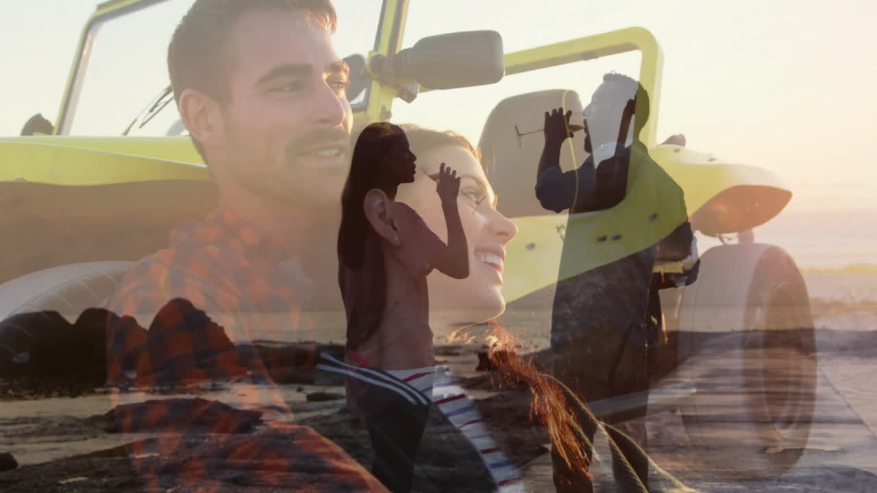 Photographing scene, couple at beach during sunset with animation overlay
