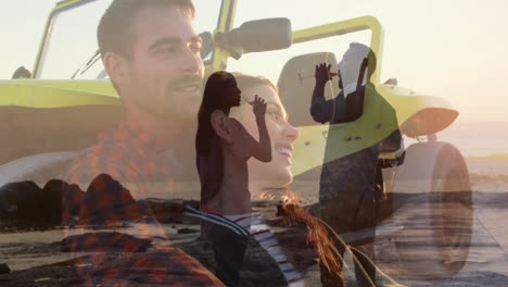 photographing scene, couple at beach during sunset with animation overlay