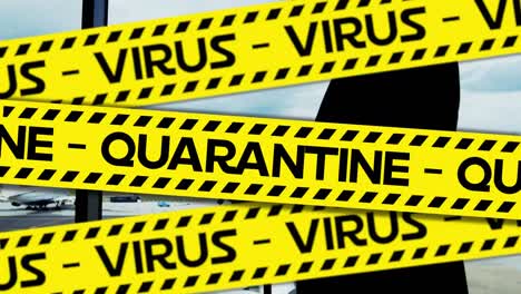 yellow police tapes with quarantine and virus text against man walking in an airport