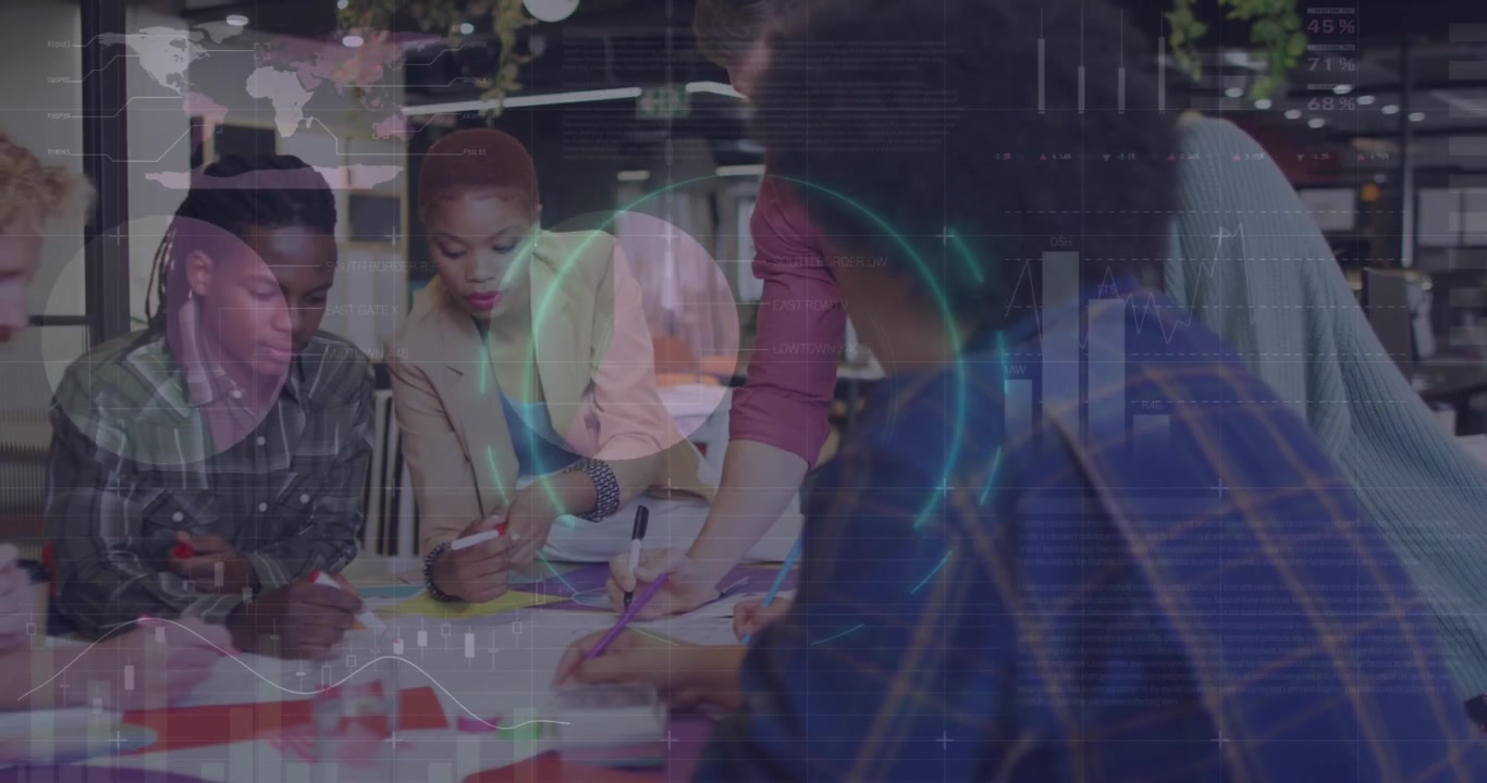 Animation of financial data processing over diverse business people in office