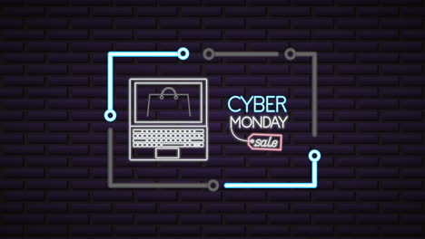 cyber monday neon lights animation with laptop