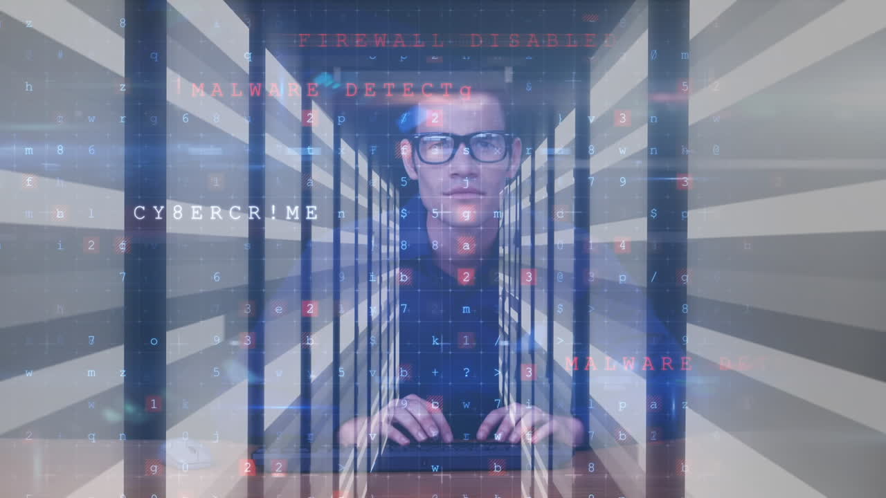 animación de un hombre con una máscara pirateando computadoras