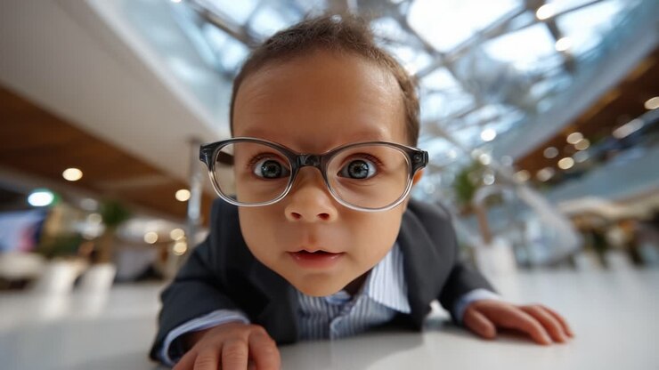 Bambino curioso con gli occhiali: una giovane mente straordinaria che abbraccia il mondo con fascino e innocenza in un ambiente moderno di vetro e luce