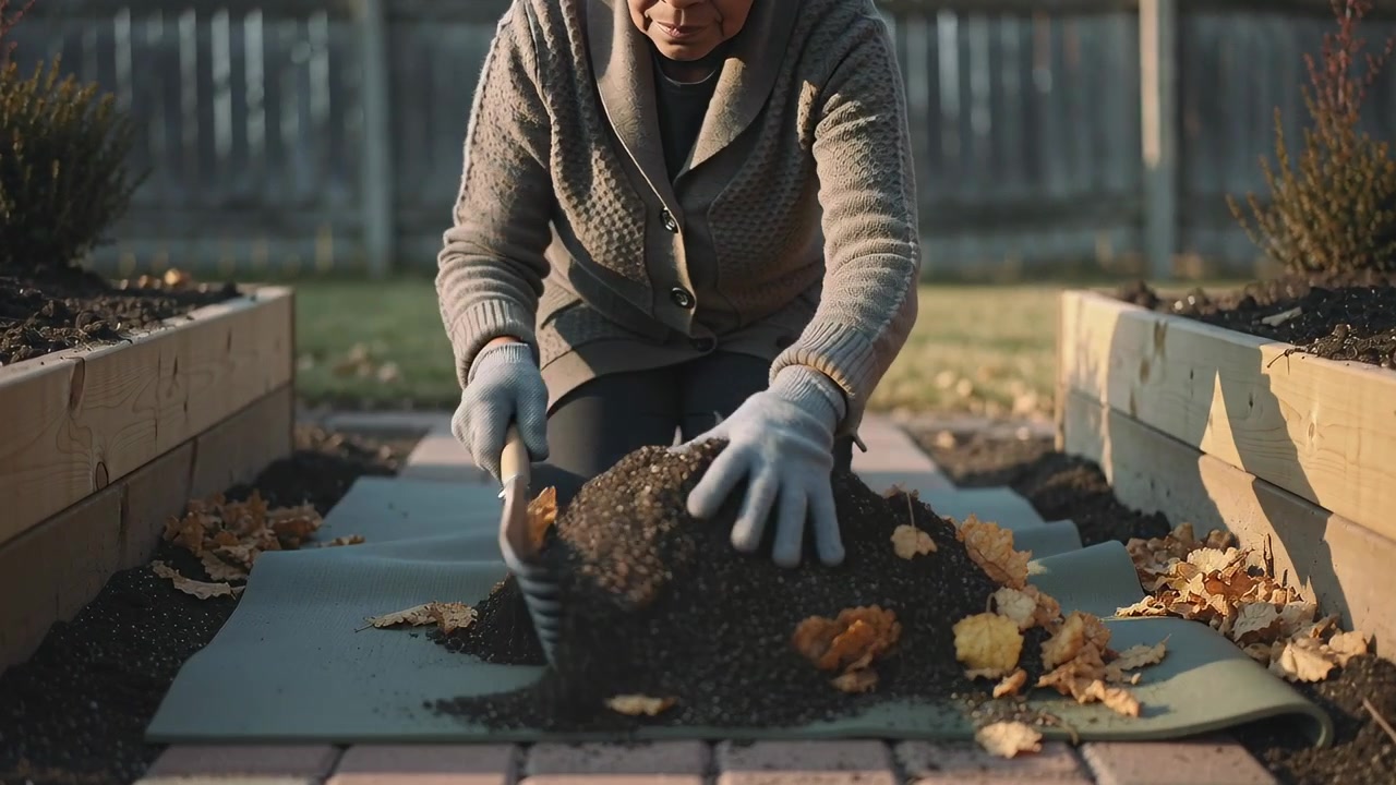 Noticing soil pile, senior woman raking, troweling on garden path, wearing gloves, preparing beds