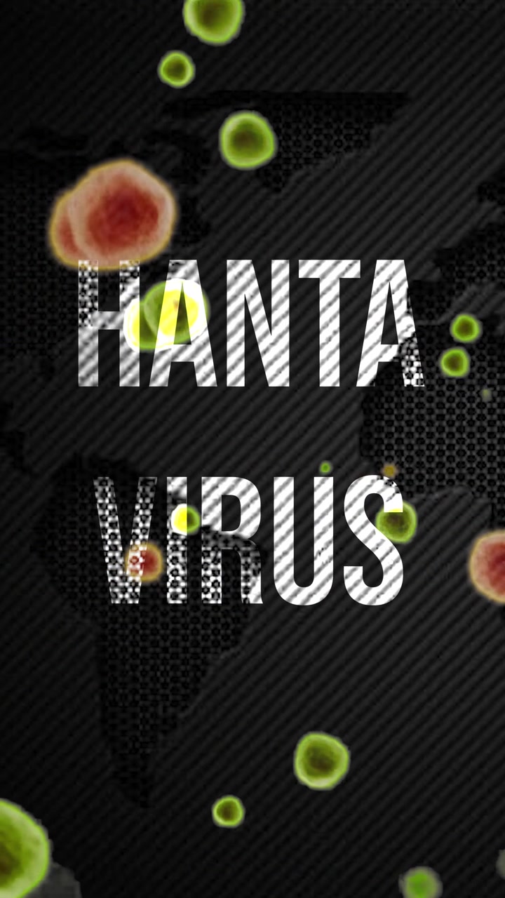 Testo animato del virus Hanta su uno sfondo di mappa del mondo, che mostra la diffusione globale della pericolosa malattia infettiva con cellule microscopiche fluttuanti, a rappresentare una crisi sanitaria mondiale.