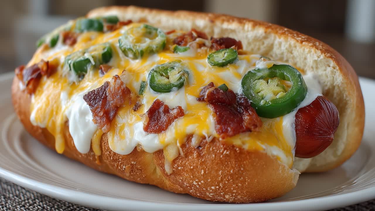 Hot dog deliziosamente condito in un panino: una delizia gourmet con formaggio, jalapeños e pancetta croccante per un piacere gustoso.