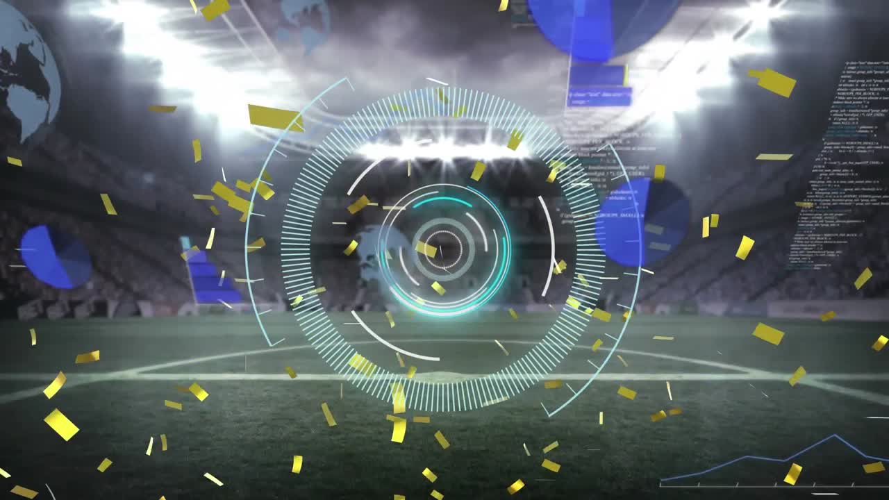 둥근 스캐너 위에 떨어지는 황금색 콘티의 애니메이션과 스포츠 경기장에 대한 데이터 처리