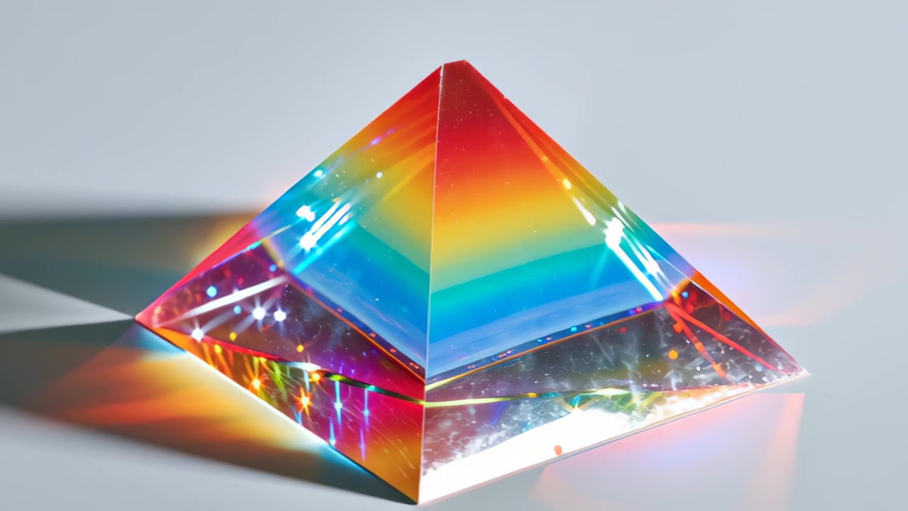Riprese in primo piano di un prisma piramidale di vetro trasparente che proietta rifrazioni arcobaleno e riflessi luminosi su una superficie bianca pulita, concetto di ottica astratta e dispersione della luce