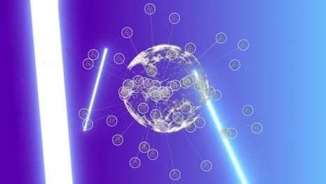 Animation-Von-Verbindungen-Und-Globus-Auf-Violettem-Hintergrund-Mit-Neonlichtern
