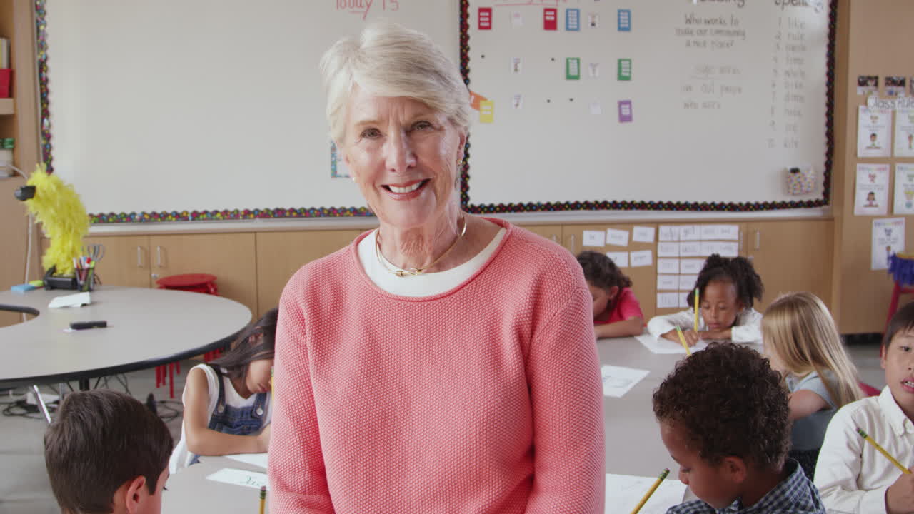 Tilt shot of senior female school teacher in front of class