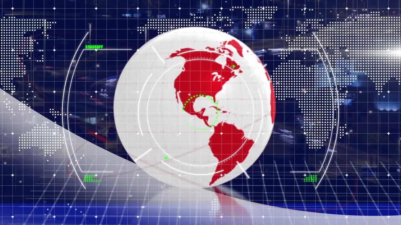 세계 지도 위의 지구와 스캔 범위의 애니메이션