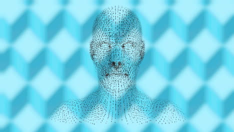 animation of human head formed with binary coding spinning over patterned blue background