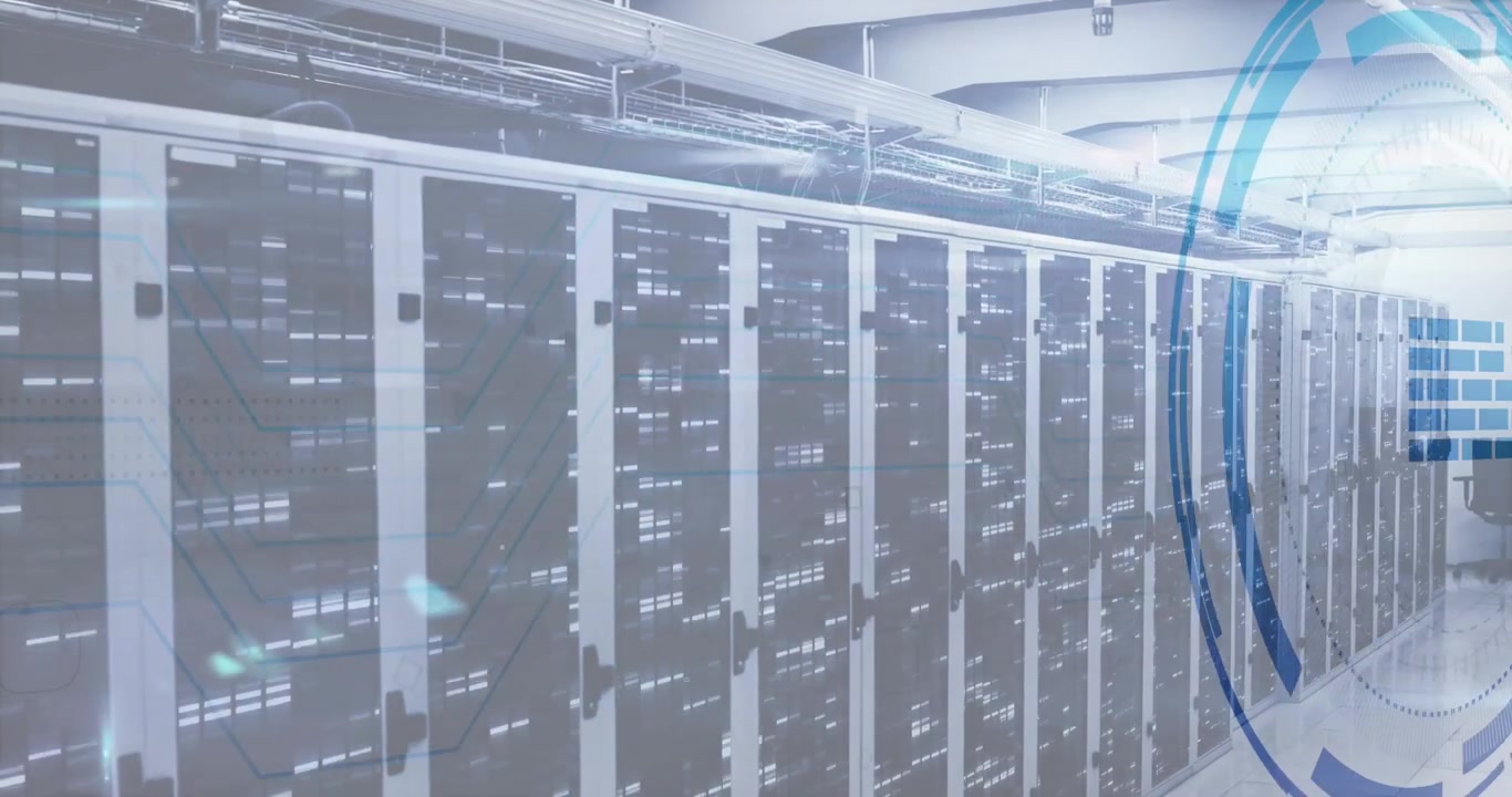 Animation of firewall icon in circle over illuminated data server systems in room