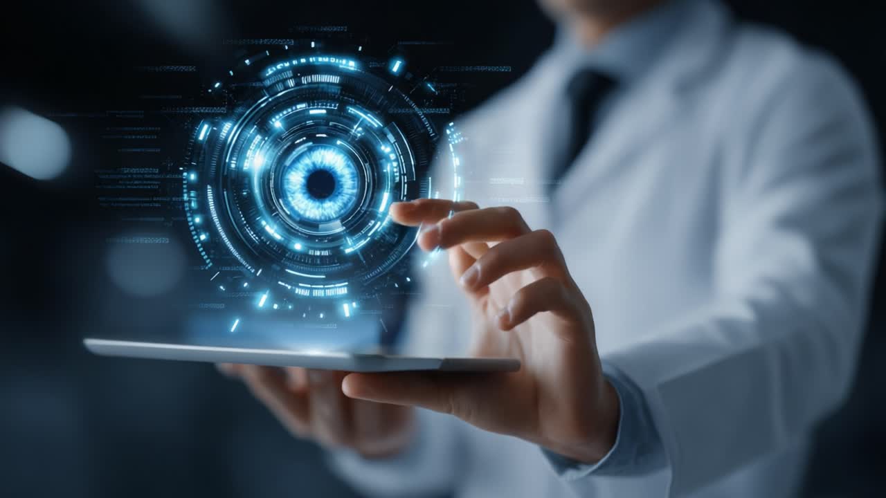 A healthcare professional utilizes advanced technology, interacting with a holographic display to analyze data. The futuristic interface illustrates the integration of medicine and innovation