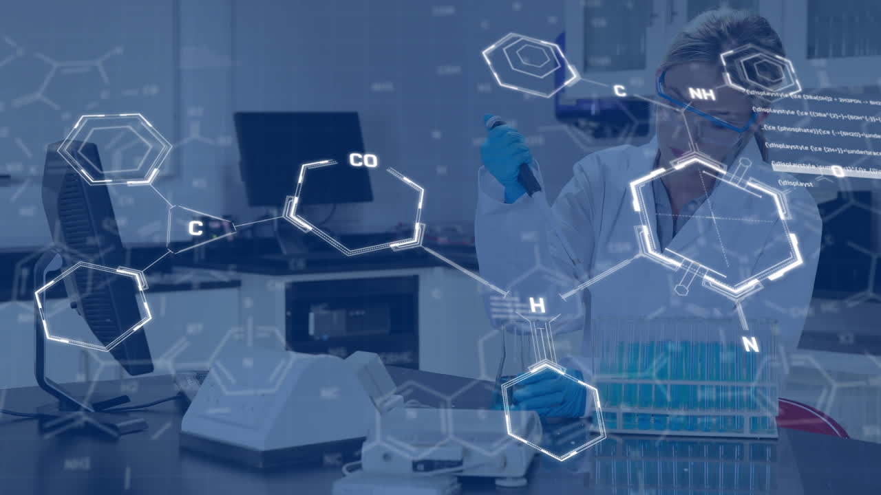 animación de restricciones químicas sobre la científica caucásica que trabaja en el laboratorio