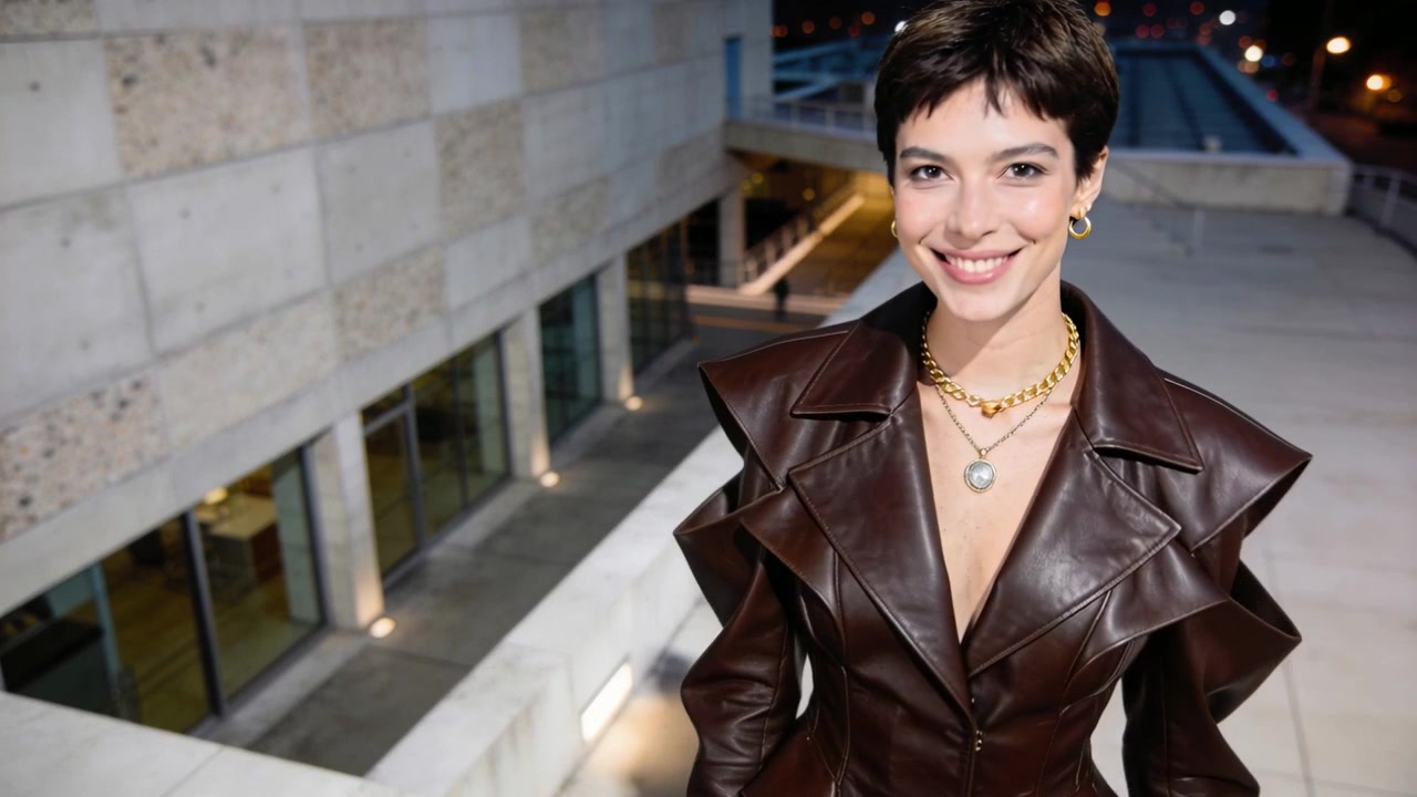 Modella che cammina con un blazer di pelle, in posa per il fotografo che si avvicina all'obiettivo, di notte su un tetto, con catene d'oro.