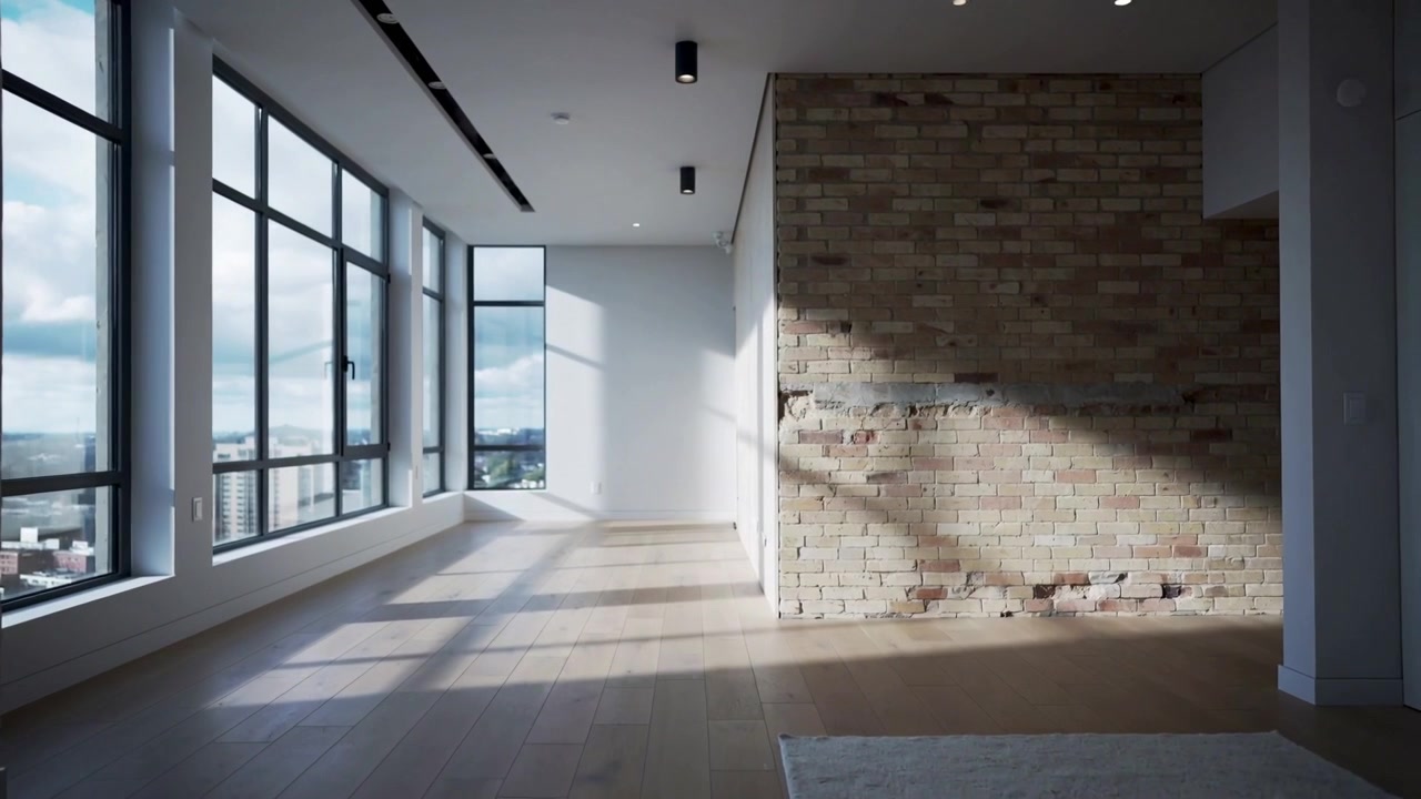 Shifting sunlight revealing exposed brick wall in apt as sun moving, with windows, copy space