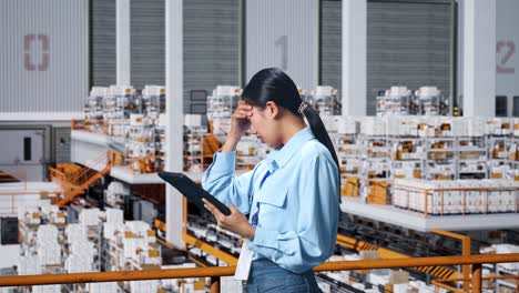 side view of asian business woman not satisfied and shakes her head while using tablet in the warehouse