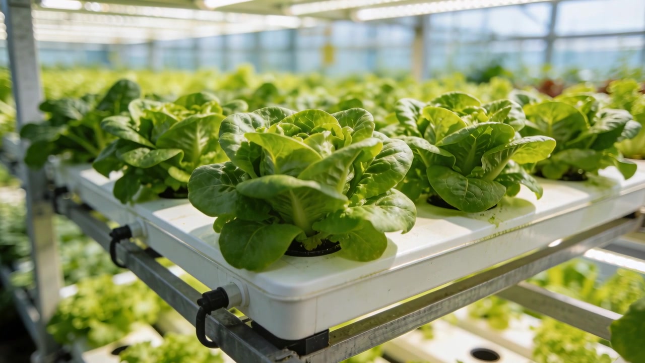 Approaching camera bringing white hydroponic tray into focus in greenhouse, with lettuce heads