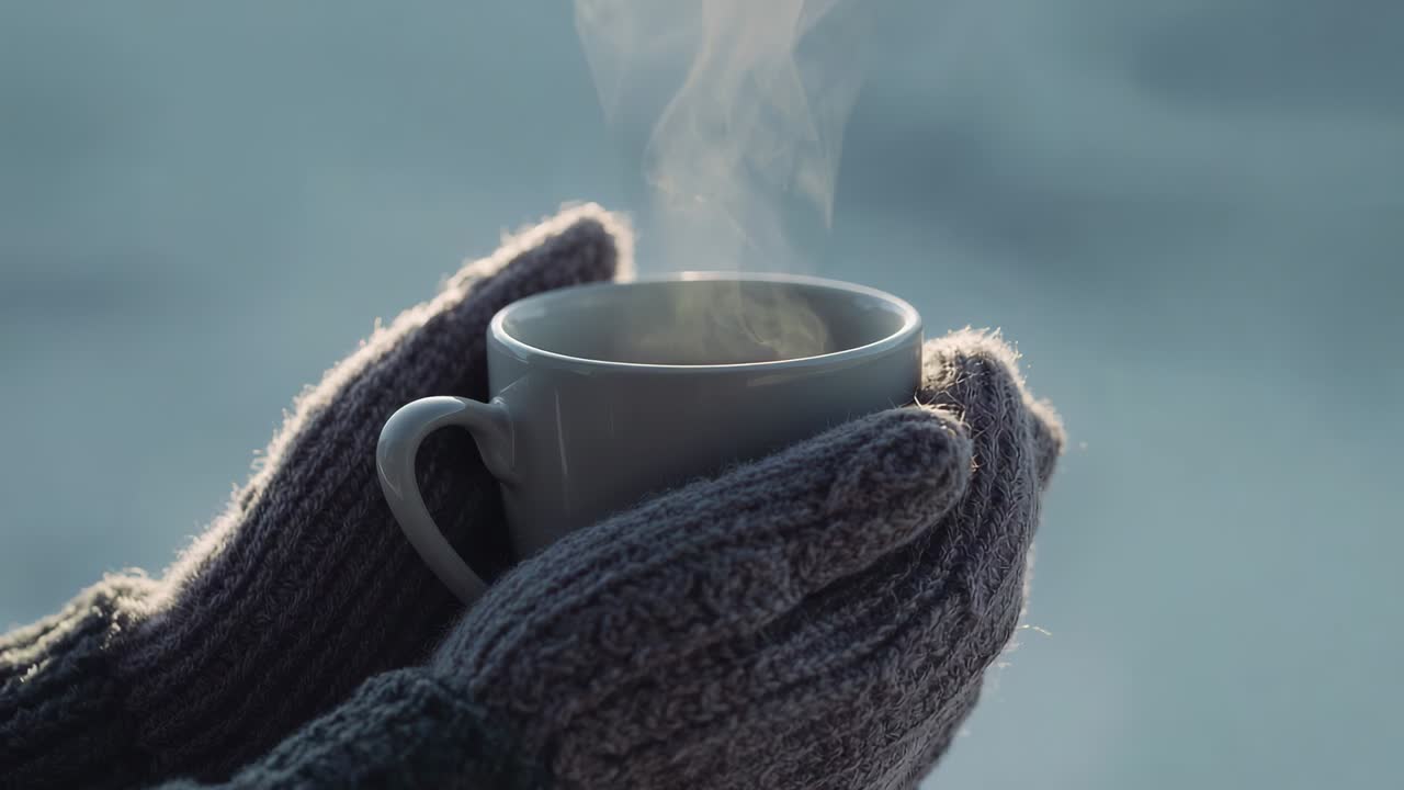 Cradling gray mittens-clad hands holding white mug outside, cold air causing steam warming hands