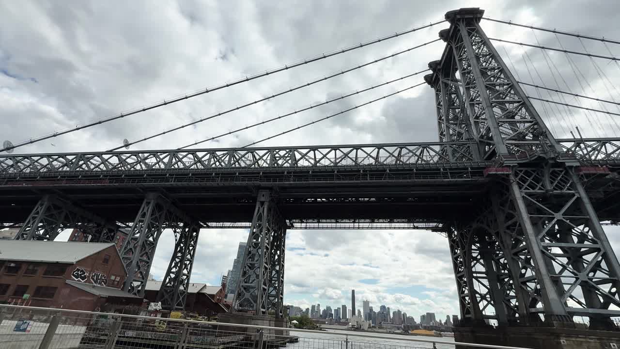 Inquadratura statica dal basso della struttura del Ponte di Williamsburg con lo skyline di Manhattan sullo sfondo sotto un cielo nuvoloso