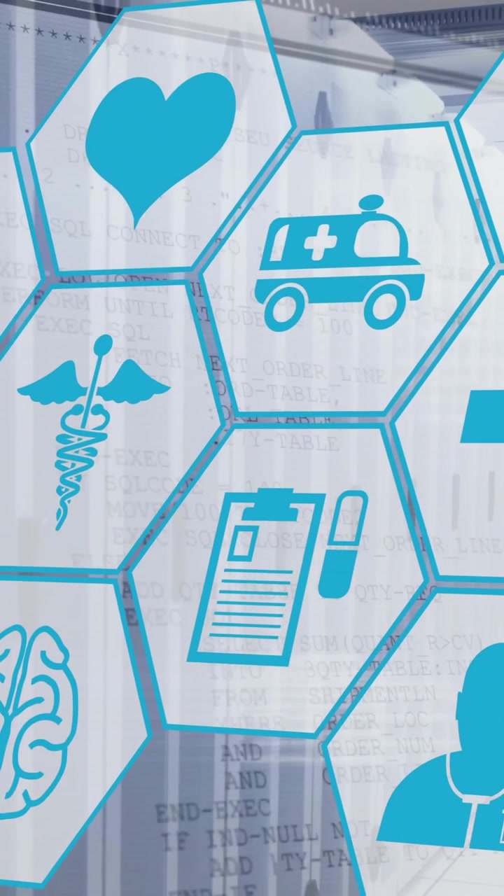 Animazione di icone mediche ed elaborazione dati su server informatici