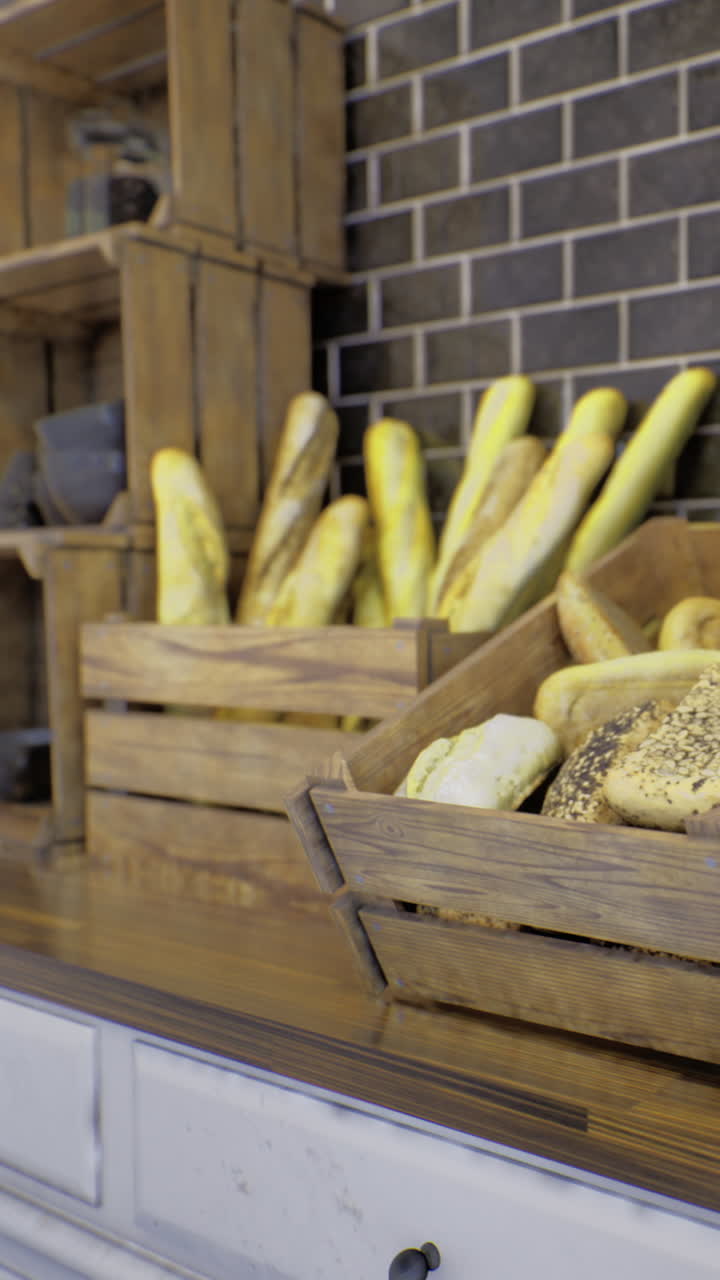 Fresh bread and baked goods on display in wooden baskets at bakery
