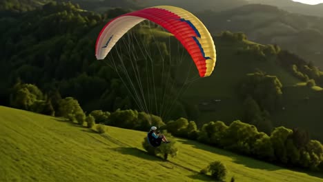 experience the thrill of paragliding as a person glides effortlessly above lush green hills during a beautiful sunset. the tranquil atmosphere enhances the exciting adventure in nature.