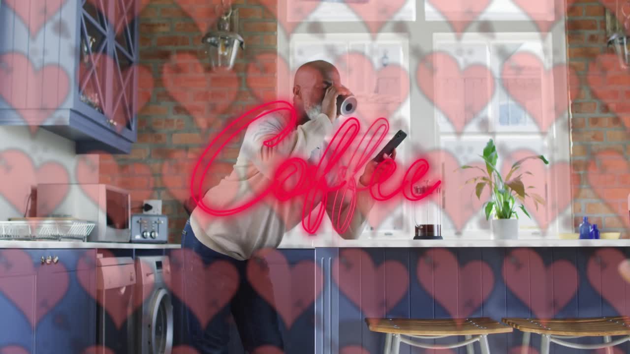 커피를 마시는 아프리카계 미국인 남성 위의 커피 텍스트의 애니메이션