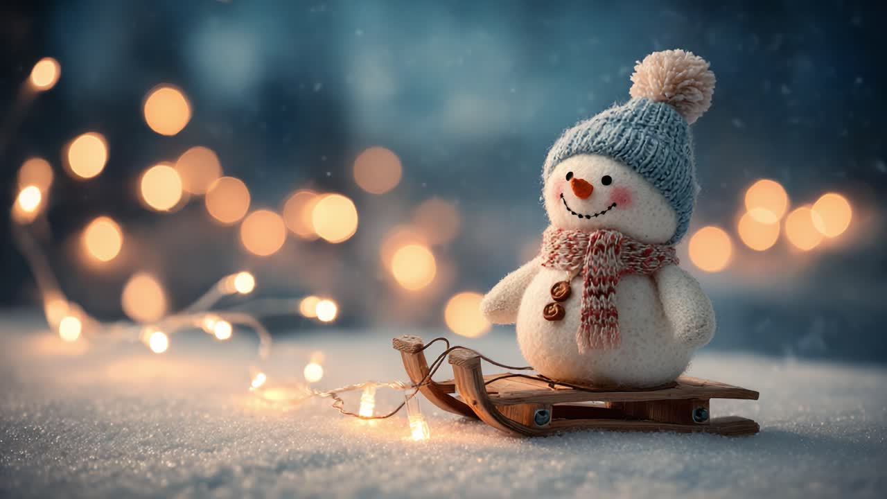 A Charming Snowman on a Sleigh Amidst a Winter Wonderland, Surrounded by Glowing Lights and Soft Snowflakes, Perfectly Capturing the Magic of the Holiday Season