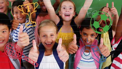 Multiple-sports-concept-icons-against-diverse-students-showing-thumbs-up-at-elementary-school