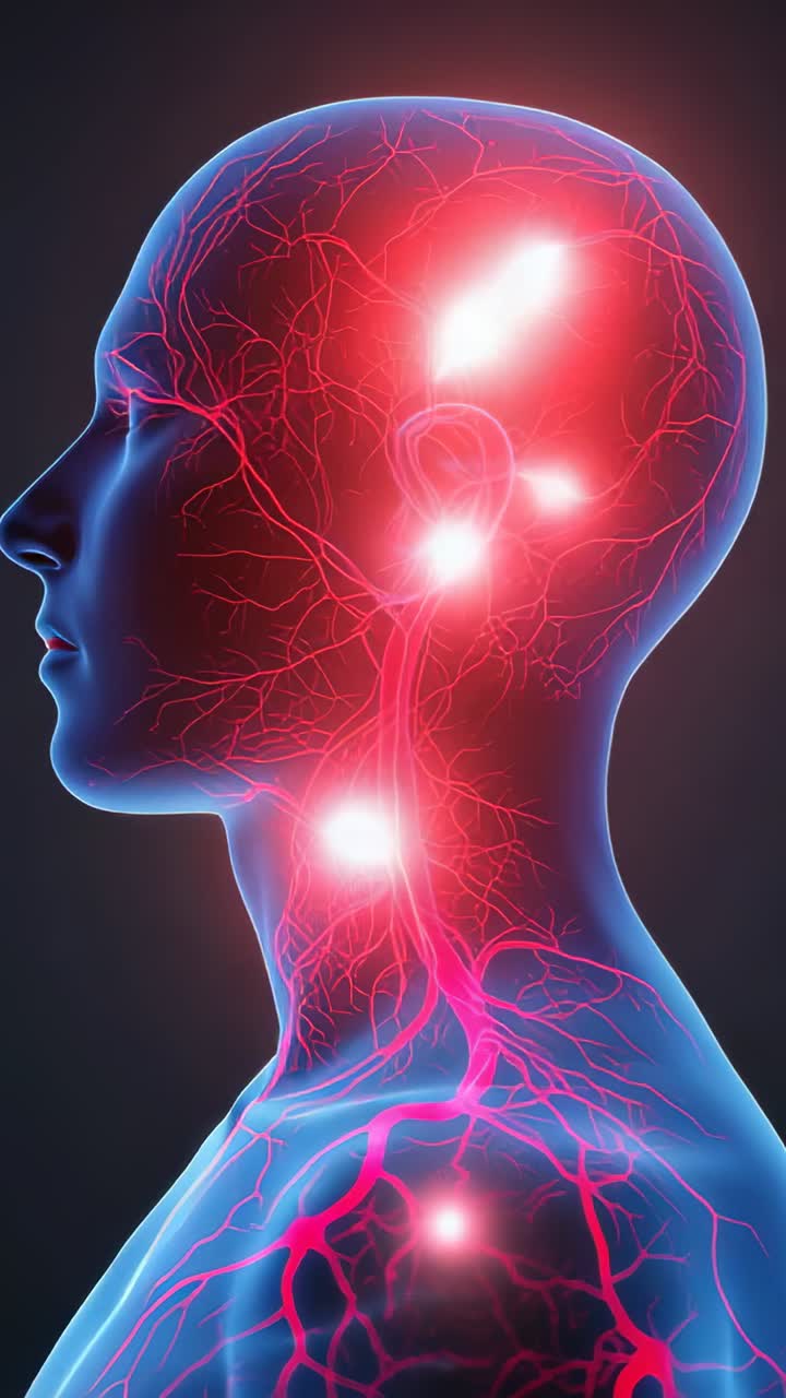 Video verticale: vaso toracico pulsante che innesca la testa e il busto, mostrando punti caldi che si spostano dal collo al cervello
