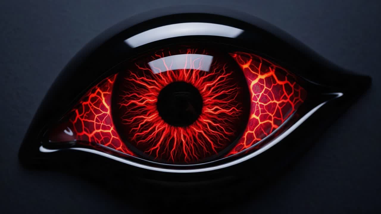 A Close-Up View of an Intricate Eye Design with Fiery Red Coloration and Electric Veins, Demonstrating Artistry and Depth in Visual Aesthetics