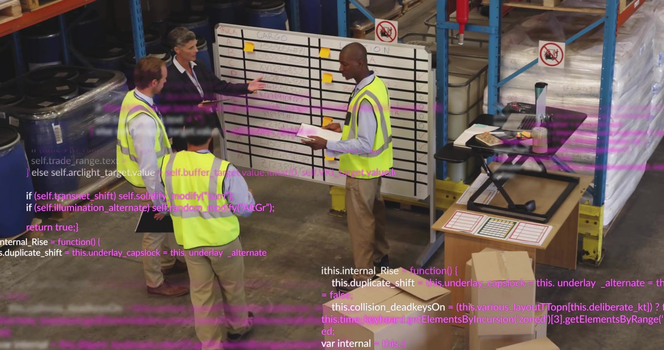 Four coworkers arriving at planning board, placing yellow notes for warehouse scheduling tasks