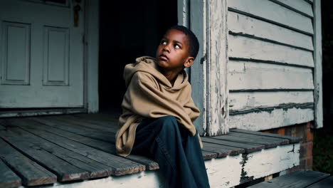 young boy sitting on a porch