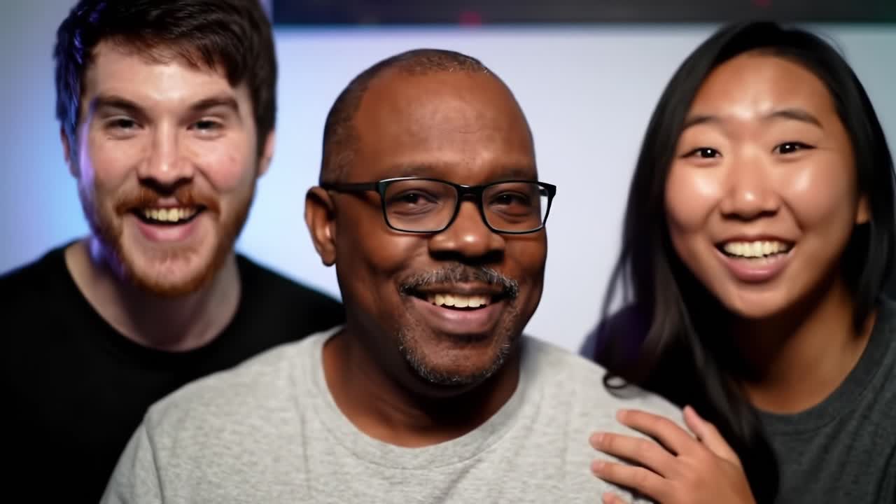 A joyful moment captured as three friends express their emotions in front of the camera, showcasing laughter and connection with each other in vibrant surroundings