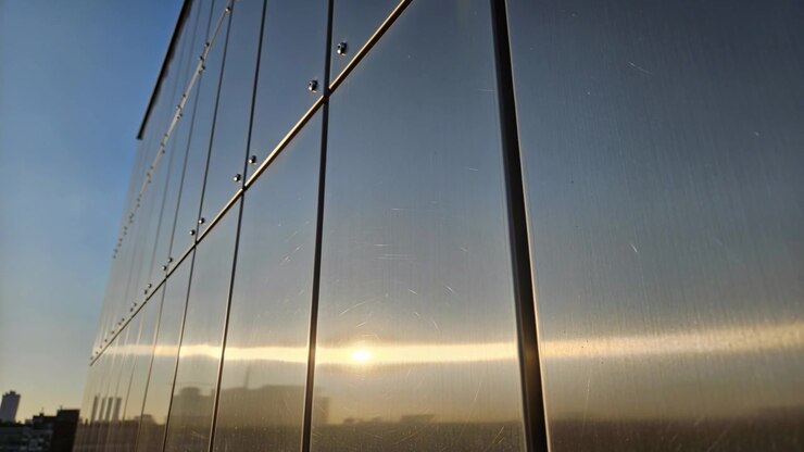 La telecamera si inclina inquadrando una facciata di vetro sul tetto, rivelando il riflesso del sole e i fissaggi metallici
